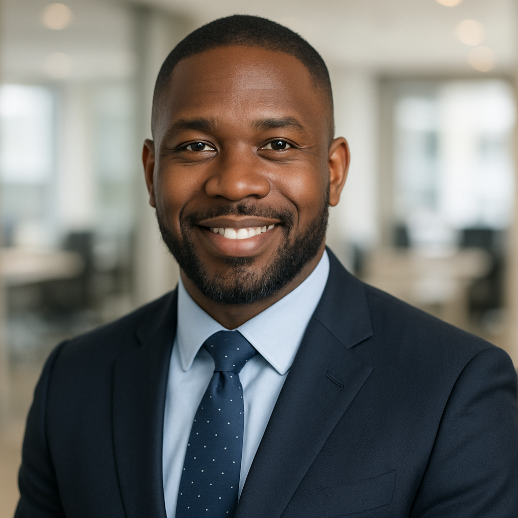 Professional headshot of a smiling man in a dark suit and blue tie